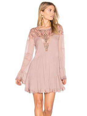 Free People Panama City Mauve Beaded Bell Sleeve Boho Festival Mini Dress Size L